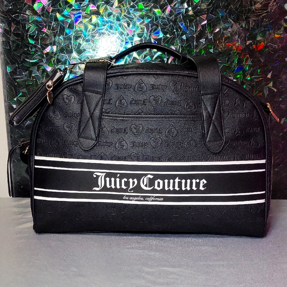 Juicy Couture Black Pleather Leather Pleather Weekend Duffle Travel Bag Suitcase
